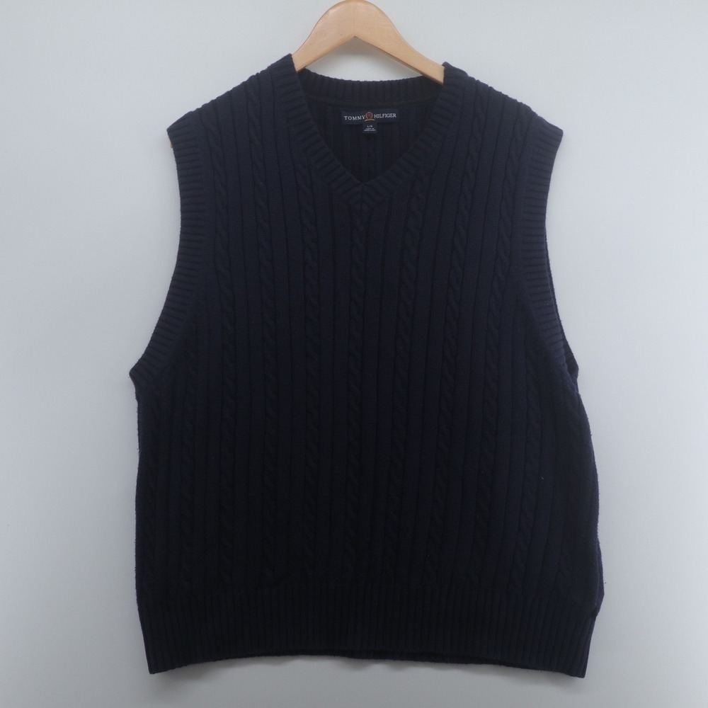Tommy Hilfiger Sweater Vest Mens Large‎ Navy Blue Excellent Cable Knit V-Neck